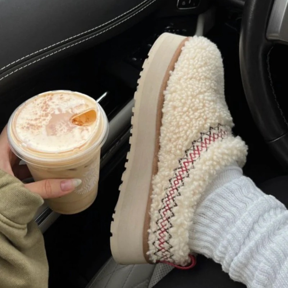 UGG Cream Sherpa Platform Slippers with Red Accent Stitching